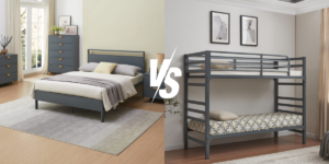 Two bedroom images with bunk beds, one with blue bedding and one with pink bedding.