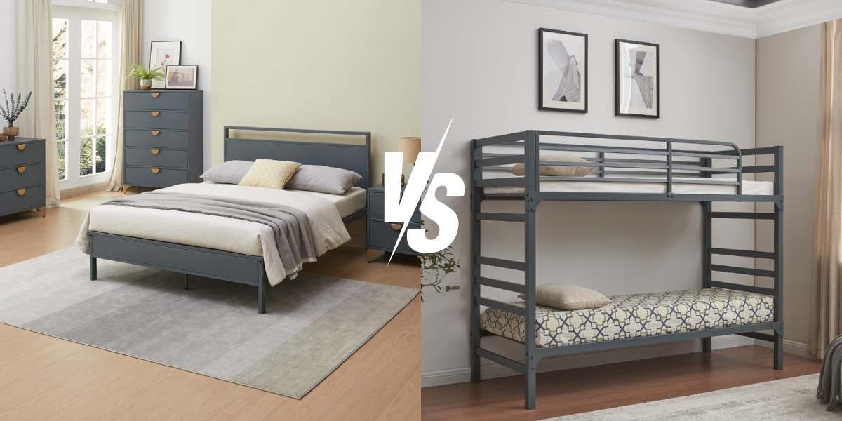 Two bedroom images with bunk beds, one with blue bedding and one with pink bedding.