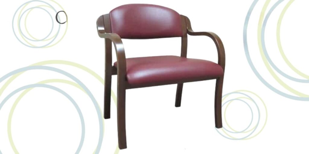 A stackable wooden-framed chair with a red leather seat, ideal for waiting areas and patient rooms in healthcare facilities.
