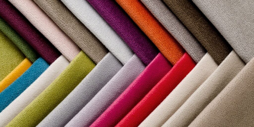 A row of vibrant fabric samples, including nonporous materials like vinyl and polyurethanes, essential for healthcare furniture.