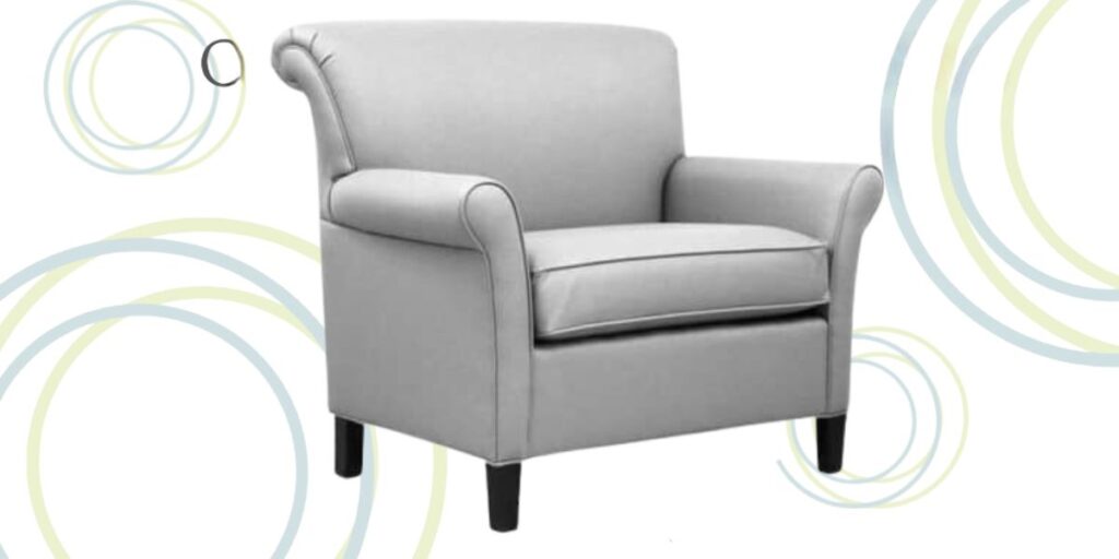 A gray chair with black arm rest on white background. Enhances healthcare facility's aesthetic appeal, provides comfort, supports higher weight capacities, durable and easy to maintain.