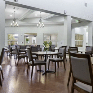Dining room in a senior living community, featuring inviting furniture arranged to create a warm and welcoming atmosphere.