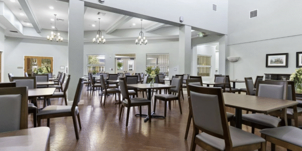 Dining room in a senior living community, featuring inviting furniture arranged to create a warm and welcoming atmosphere.